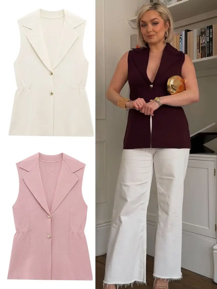 

HH 2025 Fashion Women's Soild Knitted Vests Cardigans Spring Turn-Down Collar Sleeveless Button Pleated Slim Tunic Waistcoat