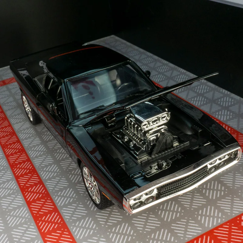 Modelo de coche de aleación Dodge 1:24 con fuerza de dirección, juguetes con sonido y luz, puertas y capó del motor, el maletero se puede abrir