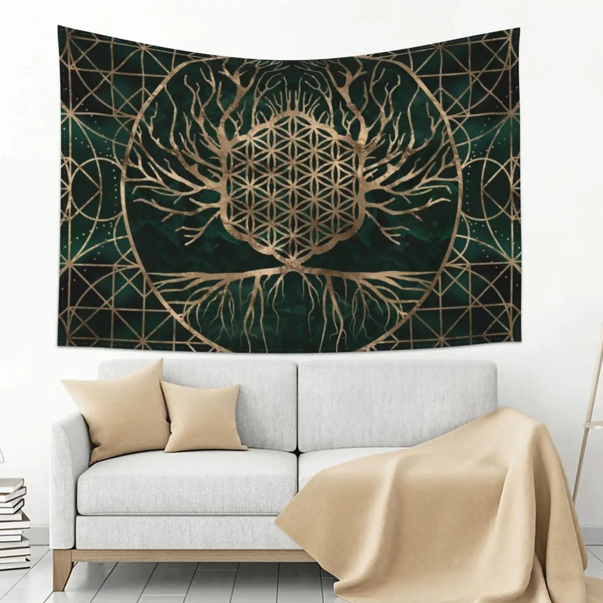 

Flower of Life in Tree of life Malachine and Gold Tapestry Wall Decoration Aesthetic Room Decors Tapestry
