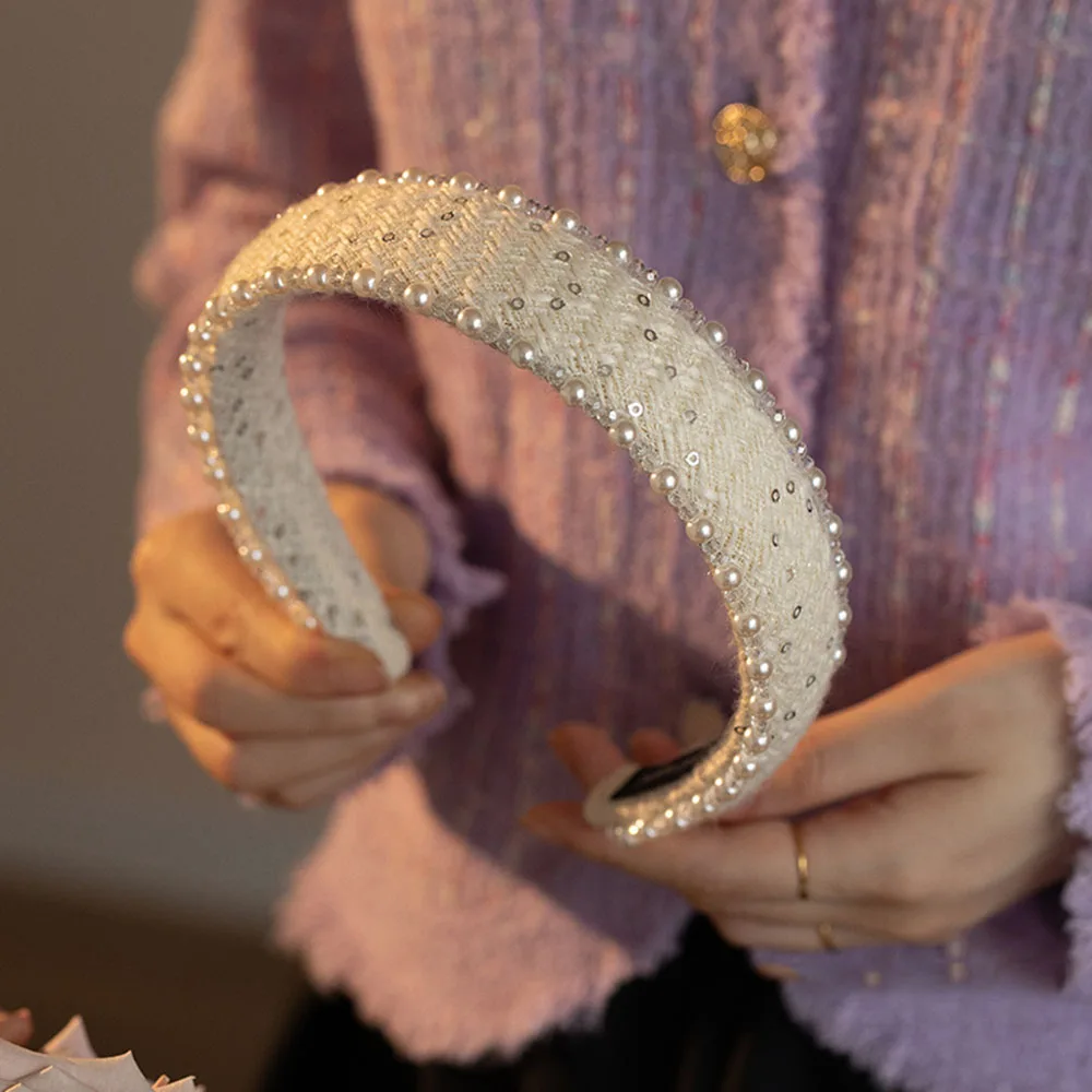 뜨거운 판매 니트 양모 진주 머리띠 중공업 높은 해골 탑 헤어 밴드 넓은 챙 머리 후프 비즈 가장자리 헤어 후프 DIY