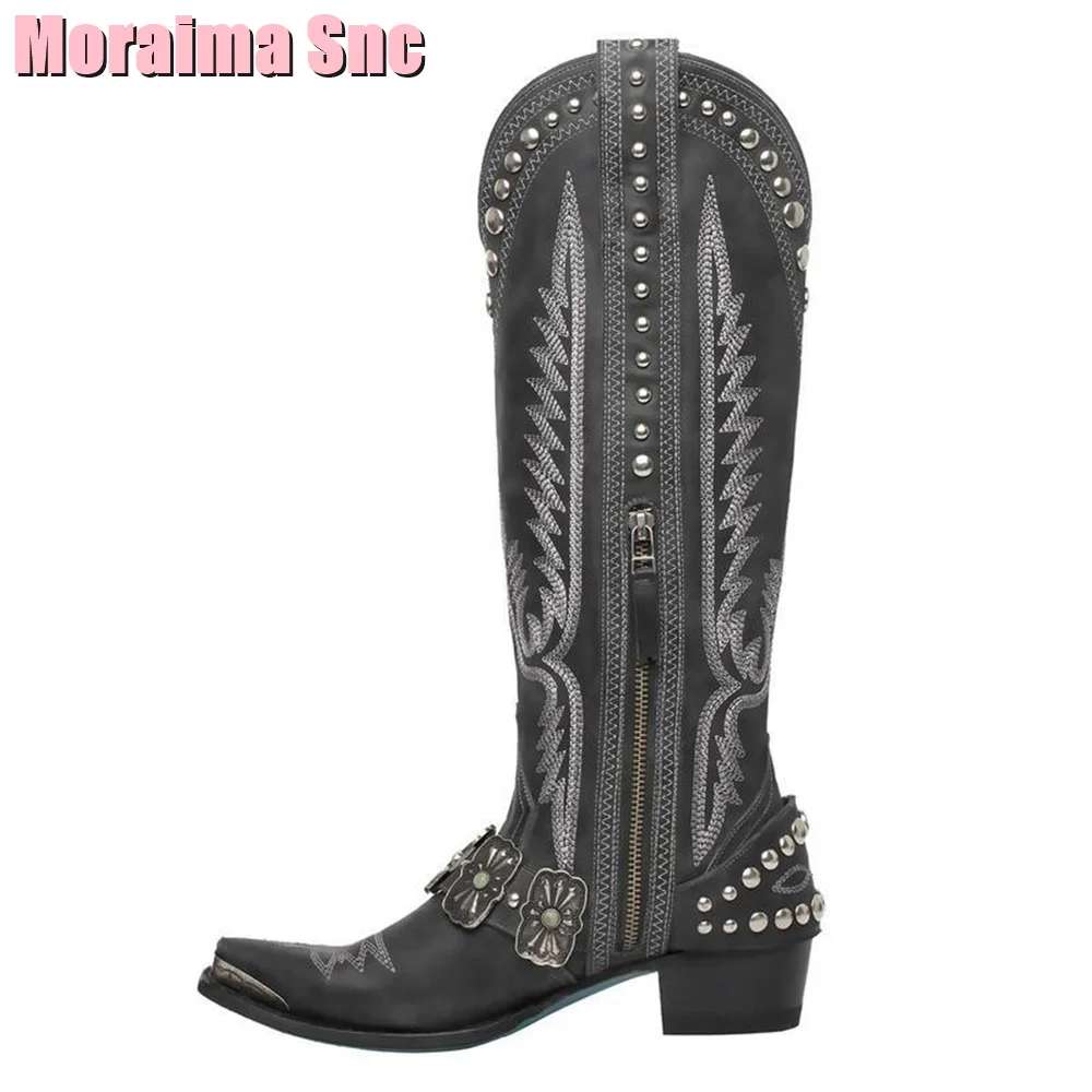 Vintage Belt Buckle Embroidery Cowboy Boots Rivet Knee High Block Mid Heel Brown Solid Women Shoes Boots Fashion Side Zipper New