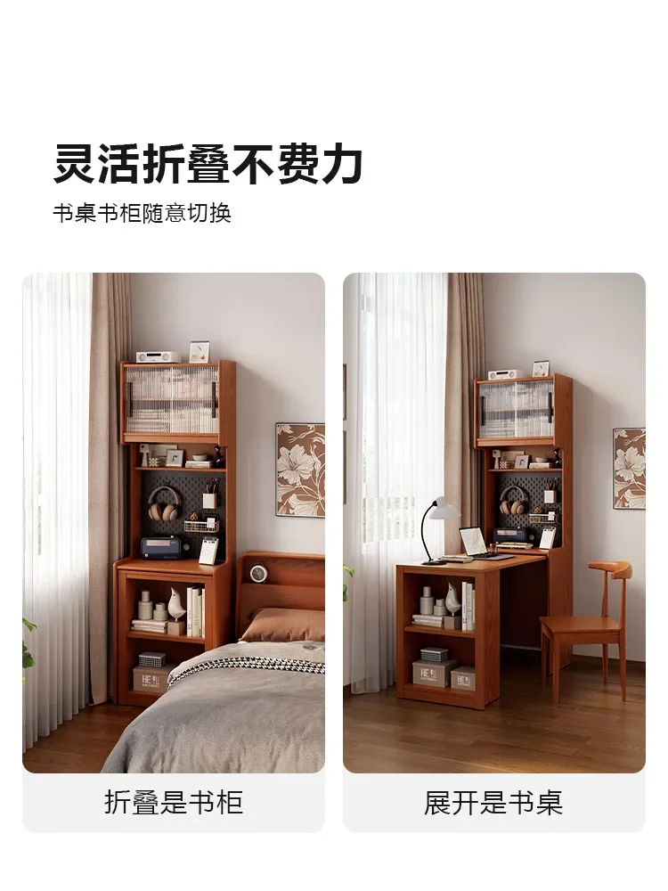 Folding desk bookcase integrated solid wood bedroom household computer desk small apartment