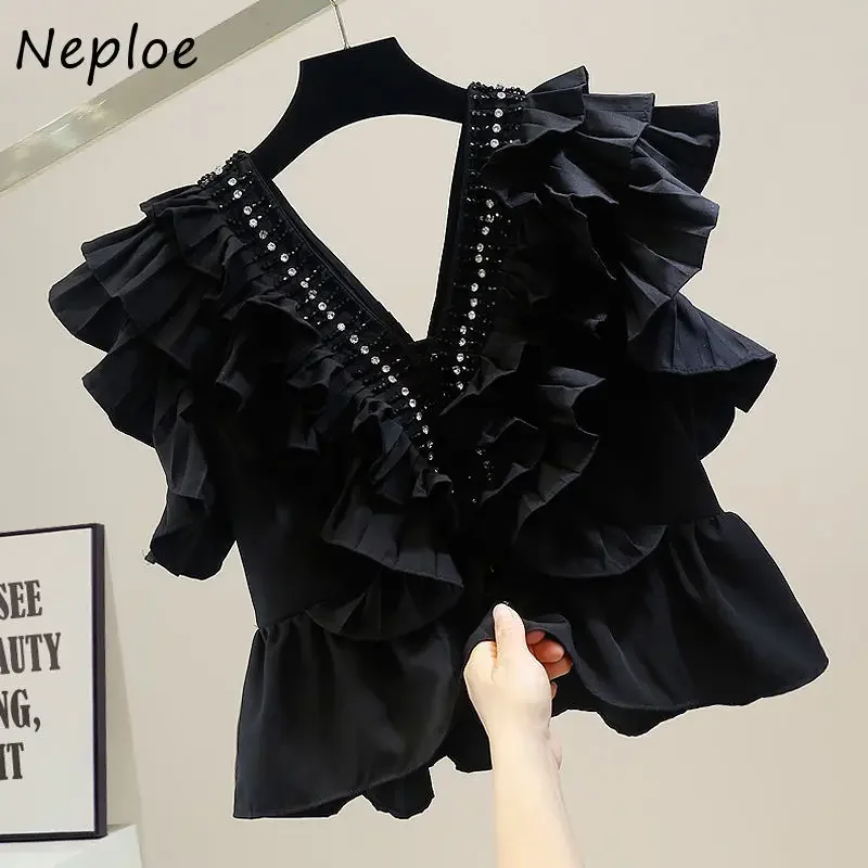 Neploe Pleated Rhinestone New Blusas V-neck Layered Ruffled Flying Sleeve Slim Waist Shirts Women\'s Spring French Style Blouses