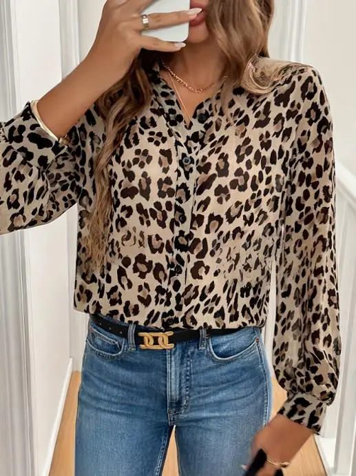

New Elegant Leopard Print Long Sleeved Loose Shirt Top