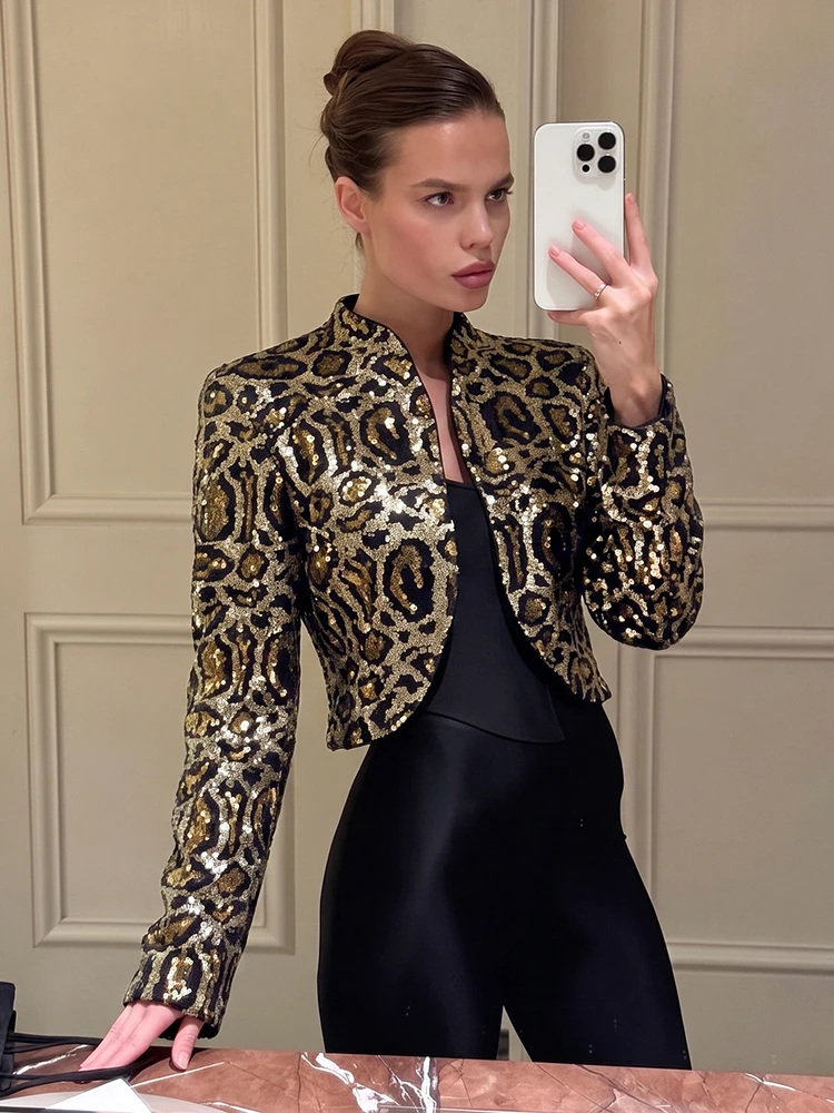Weird Puss Leopardenmuster-Paillettenjacke für Damen, modisch, einreihig, lange Ärmel, Herbsttrend, Hottie Street Party Crop-Übermantel – Detail 12