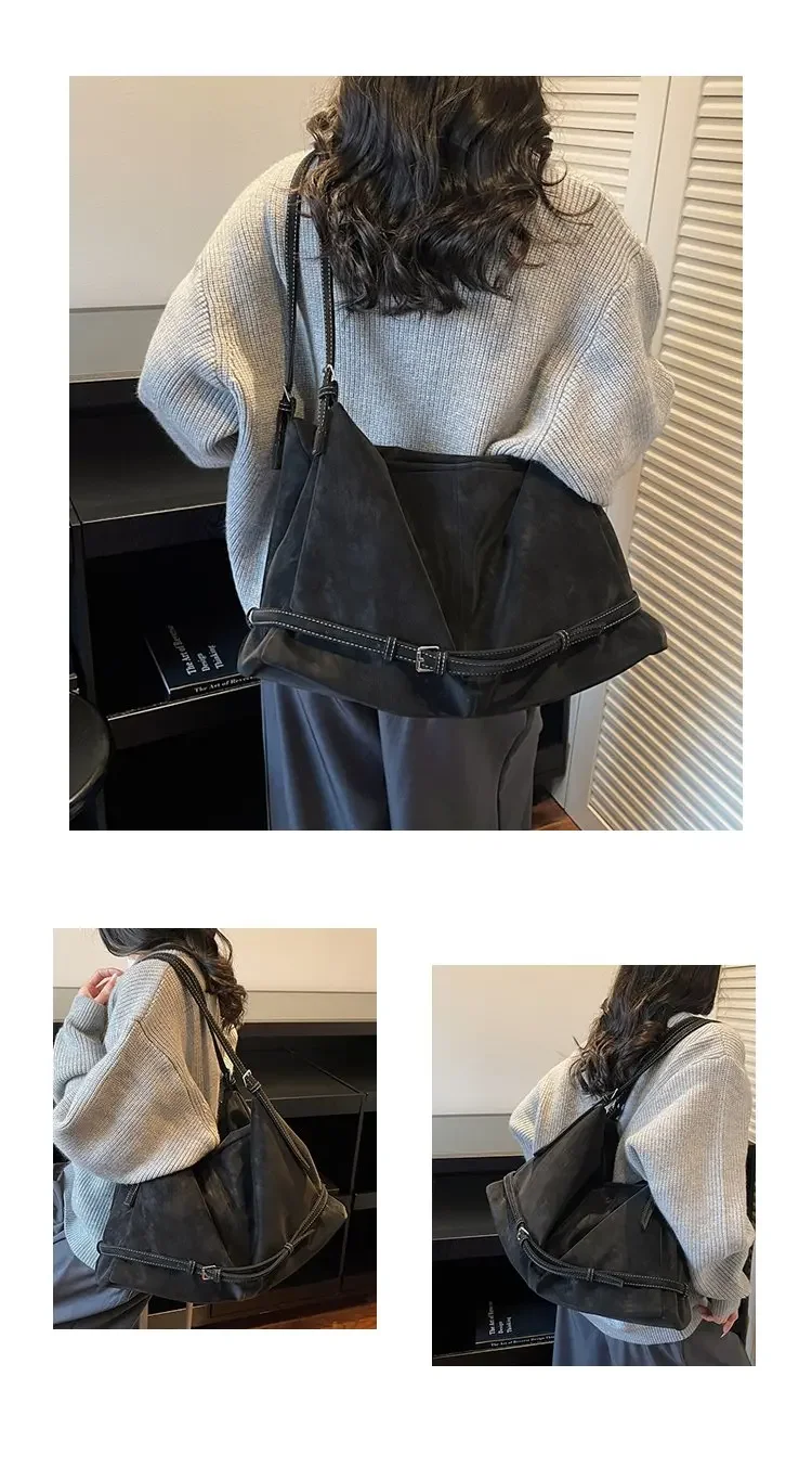 CEEKAY Damen Hobo-Tasche, dunkelbraun, Wildleder-Textur, große Schulterhandtasche, seitliches Schnallendetail, Reißverschluss, für den täglichen Pendelverkehr, lässig – Detail 5