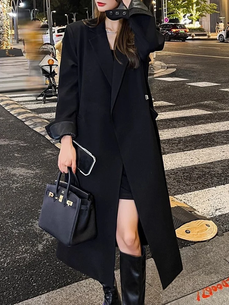 LANMREM Office Lady Long Blazer Women Notched Collar Solid Color Loose Fit Coat Fashion 2024 Female Autumn New Clothing 2VV137