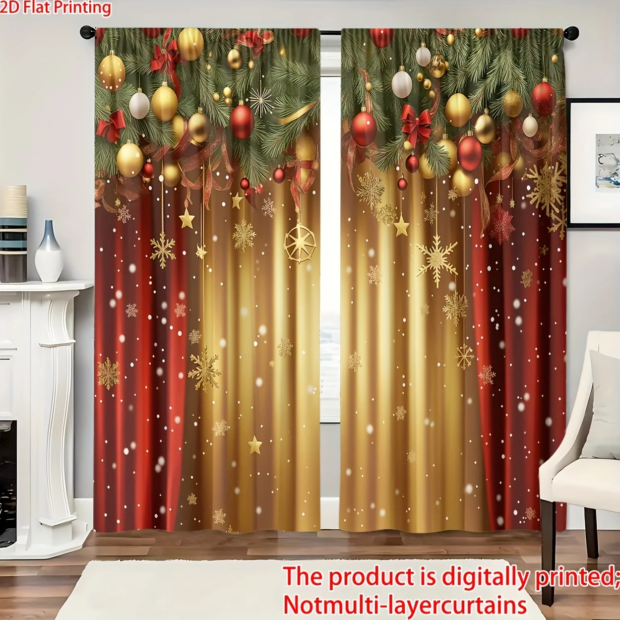 2pcs Christmas Red Curtain with Golden Snowflake Pine Design, 2D Printed Polyester Light Filtering for Bedroom Living Room