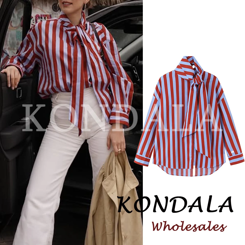 KONDALA Vintage Striped Bow Women Casual Asymmetric Shirt Fashion 2026 Spring Single Breasted Shirt Streetwear Chic Female Shirt image 3