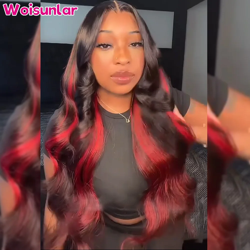 

36 inches Highlight Red and Black lace Front Human Hair Wigs Body wave Black women13x4 13x6Transparent Lace Brazilian Human hair
