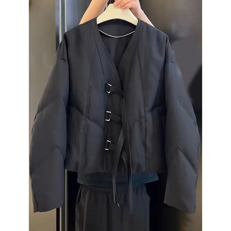 

Black V-neck Cotton Short Outwear Winter Loose Lace up Woolen Jacket Women Thicken Coat Retro Linen Warm Clothing