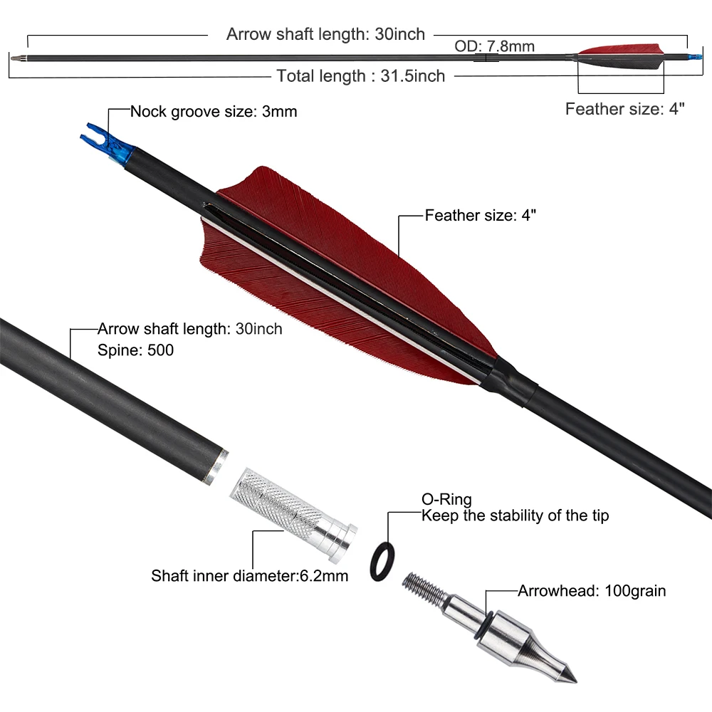 31.5inch Archery Carbon Arrows with Natural Feather Spine 500 ID 6.2mm for Outdoor Archery Hunting