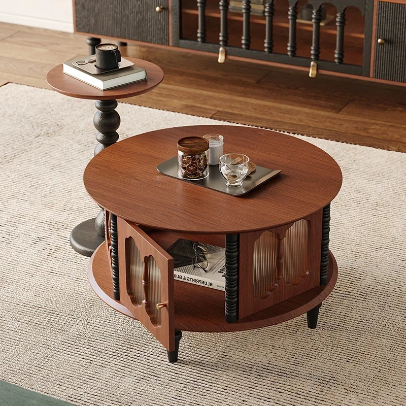 

Solid wood Dar coffee table American medieval living room leisure home TV cabinet combination round tea table
