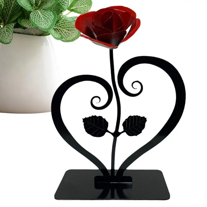 Hand Forged Metal Rose Wrought Iron Red Metal Rose Sculpture Hand Forged Handcrafted Metal Rose With Stand For Birthday