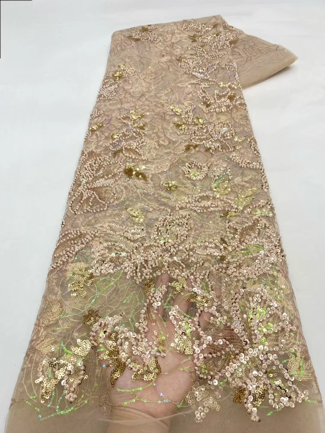 

Madison Latest African Sequins Lace Fabric 2025 High Quality Lace Embroidery Beaded Mesh Fabric 5 Yards For Women Wedding Party