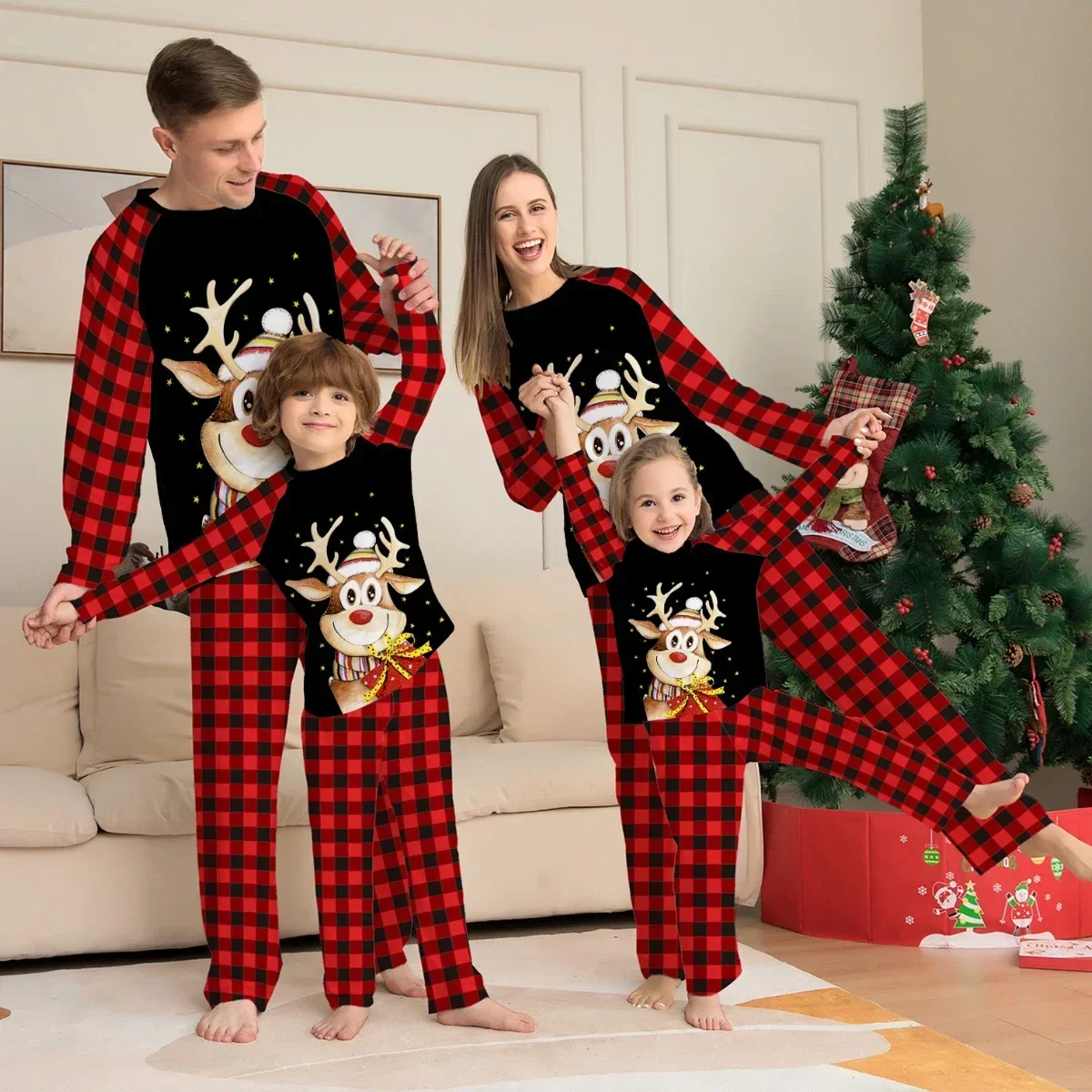 Family Christmas Kit Print Star Full Print Pattern Mother Dad Mom Kids Dog Two-piece Xmas Home Wear Pajamas Pajama Pants Set