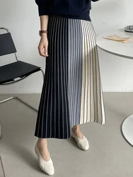 Autumn Winter Knitting Skirt High Waist Long Pencil Skirt Women Knitted Casual Vintage Maxi Skirt Vintage Warm Thick Midi Stripe