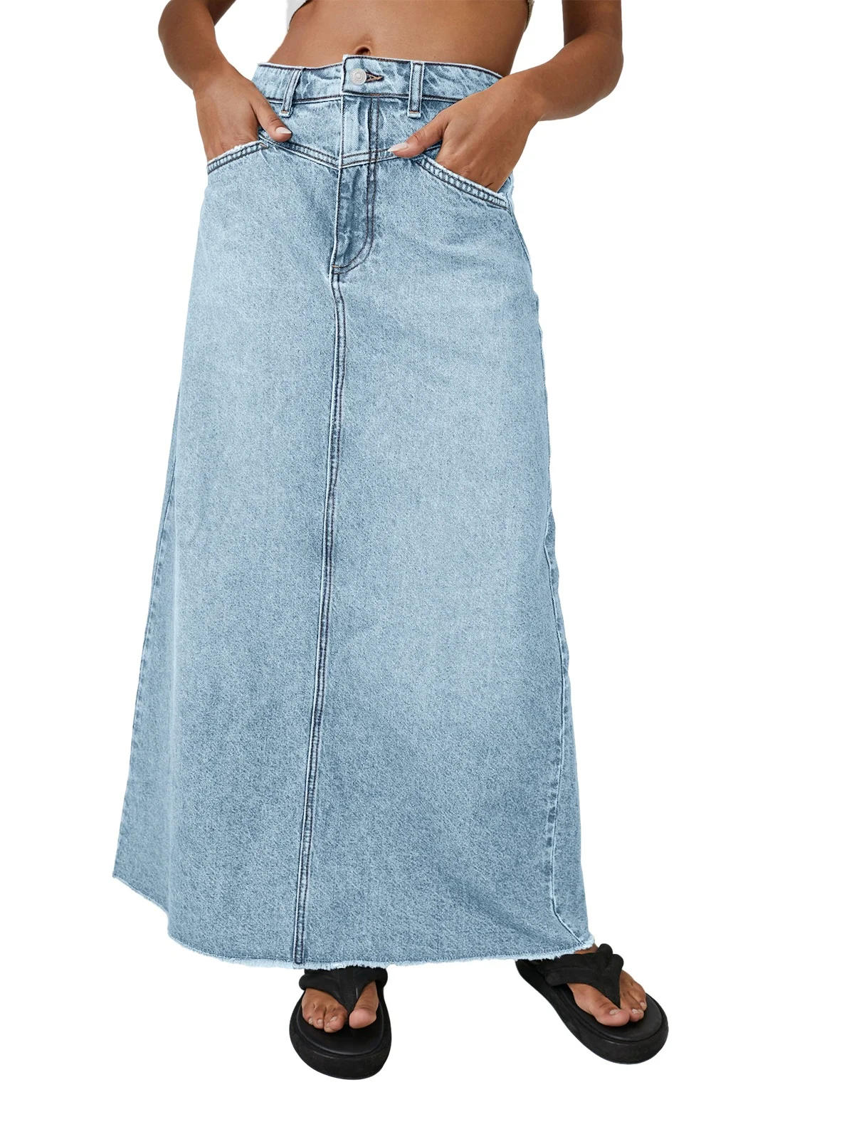 Vintage A-Line Denim Skirt For Women Casual High Waist Frayed Hem Jean Long Skirts With Pockets Fashion Streetwear Y2k Clothes