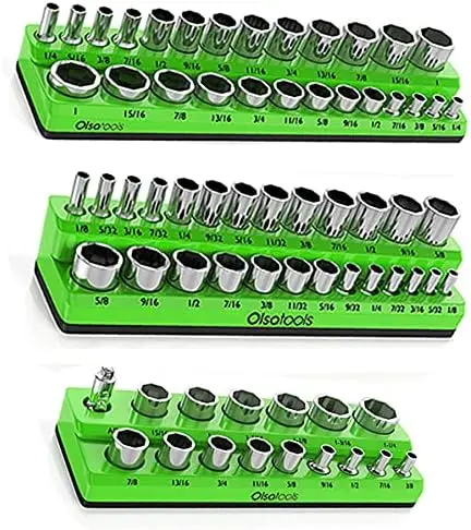 

Olsa Tools Magnetic Socket Organizer | 3 Piece Socket Holder Kit | 1/2-Inch,3/8-Inch,& 1/4-Inch Drive|SAE Green|Holds 68 Sockets