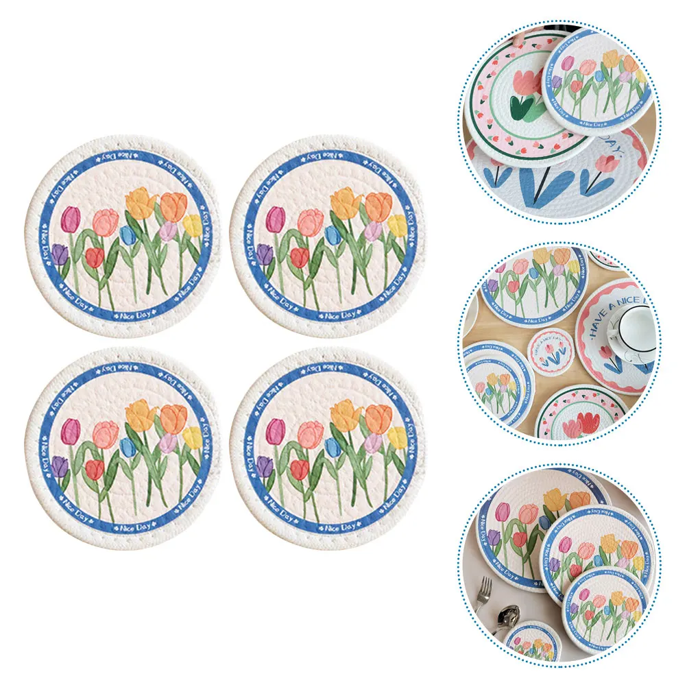 

4pcs Heat-Resistant Cotton Rope Woven Placemat Anti-Skid Round Coaster Dining Table Cutlery Cushion Household