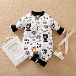 0-18 Baby Long Sleeved Jumpsuit Cute Cartoon Brown Bear Printed Cotton Comfortable And Soft Spring And Autumn Newborn Clothes