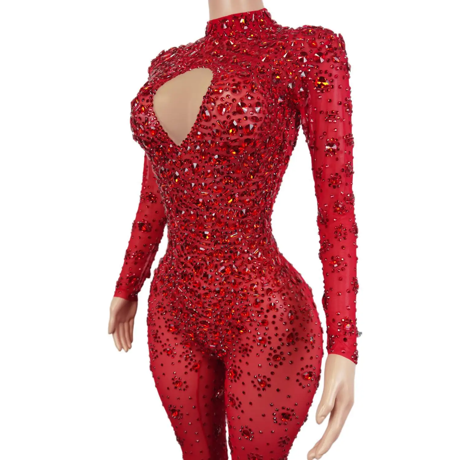 Gorgeous Long Sleeves Night Club Singer Dancer DJ Stage Performance Costume Party Rompers Lady Perspective Rhinestone Jumpsuits