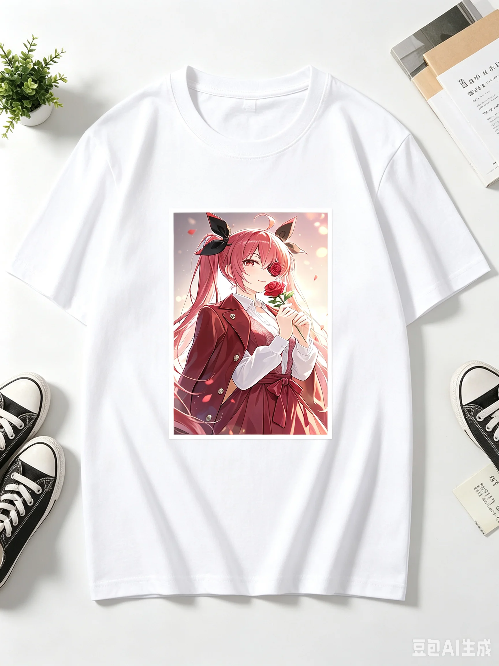 Kotori Itsuka Date A Live Holding Red Rose Anime Frame Graphic Crew Neck Short Sleeve Comfortable Women And Men T-Shirt