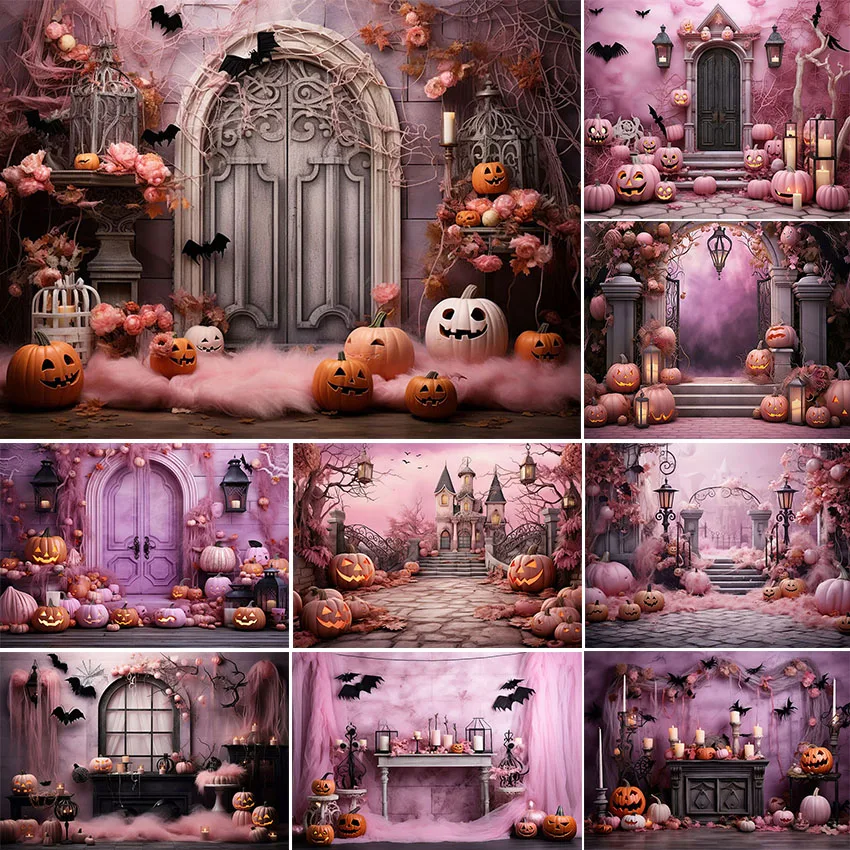 Mehofond Halloween Backdrop Pumpkin Pink Wall Castle Bats Children Portrait Photography Background Photo Studio Photocall Props