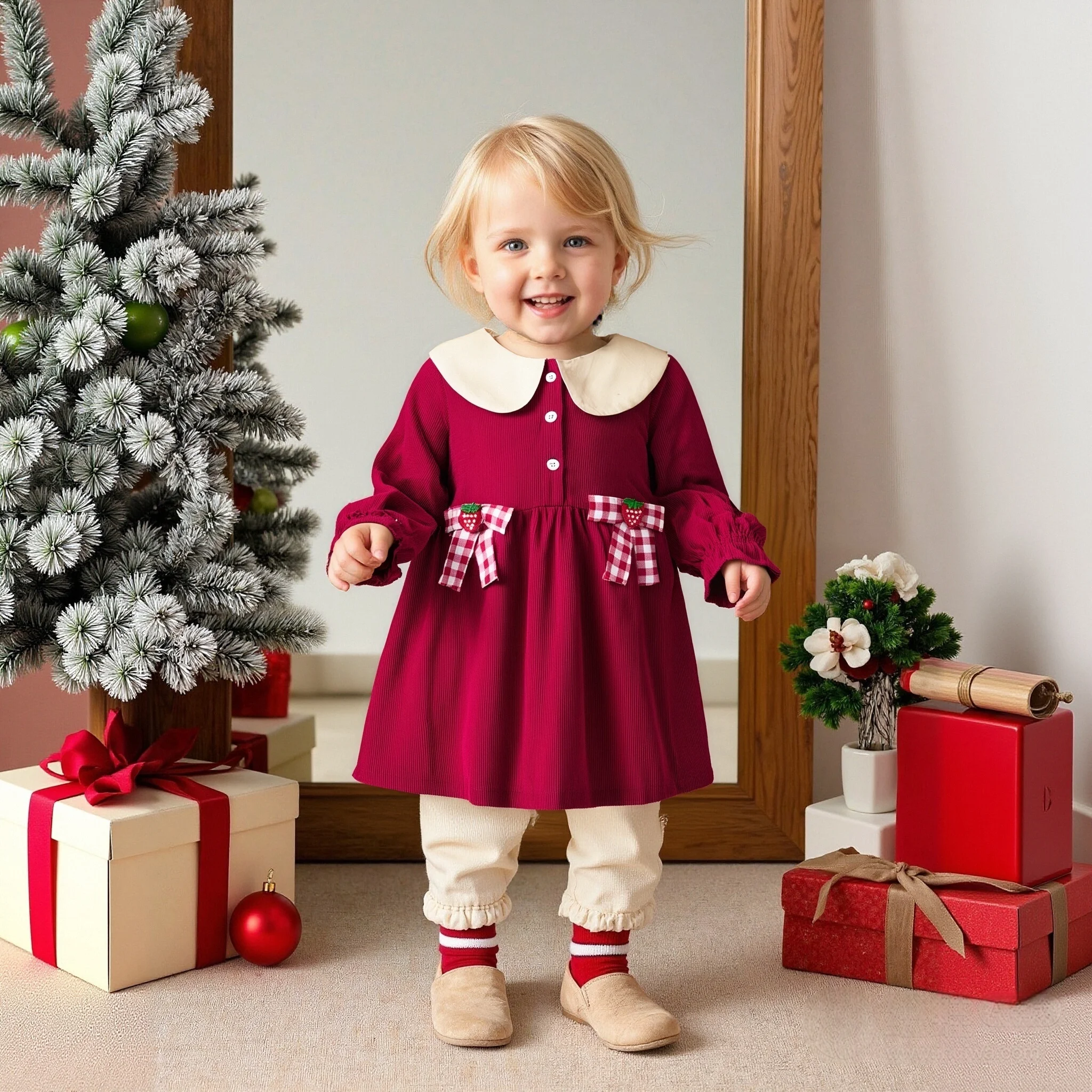 Girls' Dress Spring And Autumn New Style Lace Collar Strawberry Bowknot Sweet And Cute Suitable For Festival Gatherings
