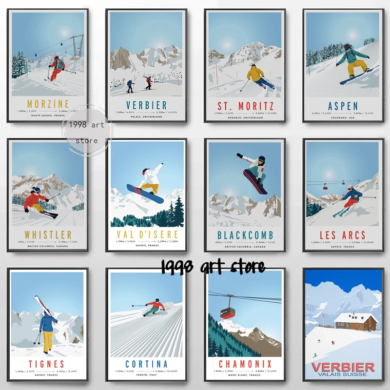 Ski Snowboard Verbier Switzerland Les Arcs, France Blackcomb Travel Art Posters Canvas Painting Wall Prints Pictures Home Decor