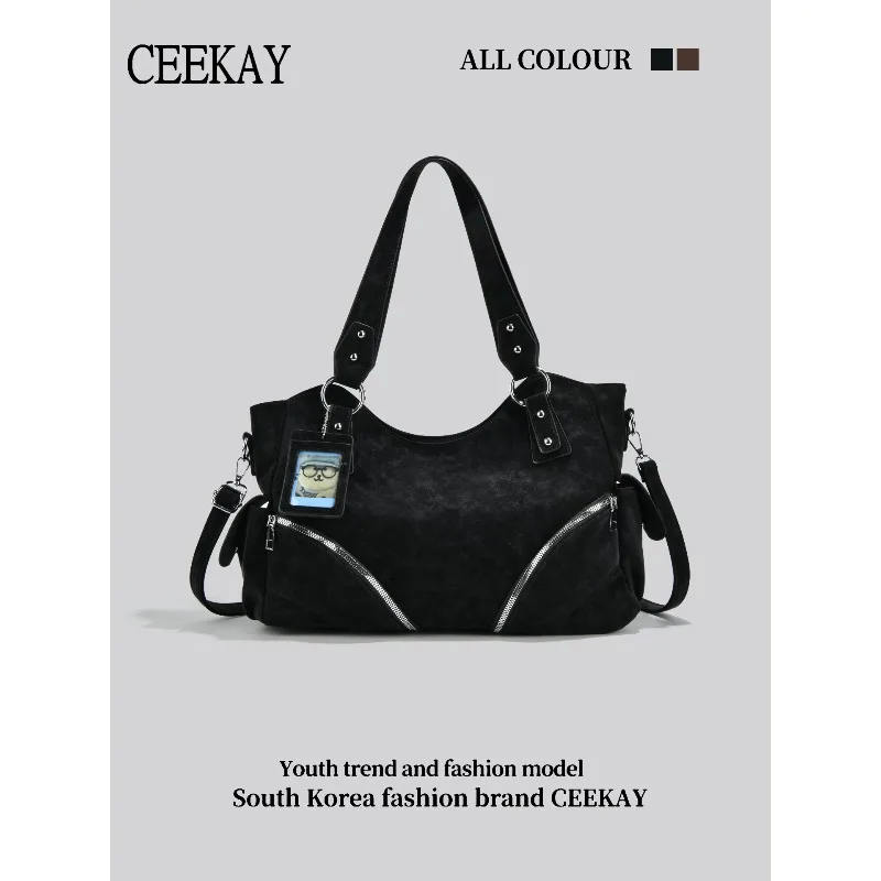 

Новая замшевая сумка-тоут CEEKAY 2026 года, винтажная сумка через плечо с двойными молниями и мультяшным держателем для карт, вместительная женская сумка