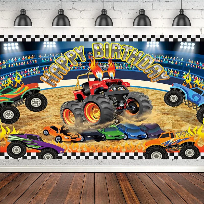 

Monster Truck Photography Backdrop Happy Birthday Party Racing Cars Kids Boy Fan Speed Grave Digger Big Wheels Background Banner