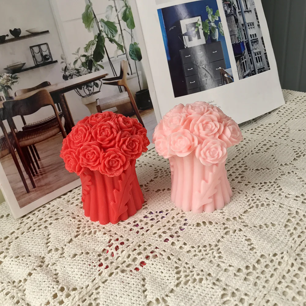 Flower Bouquet Candle Silicone Mold Rose Bouquet Pillar Fondant Cake Gypsum Scented Soap Mold Luxury Unique Wedding Craft Gift