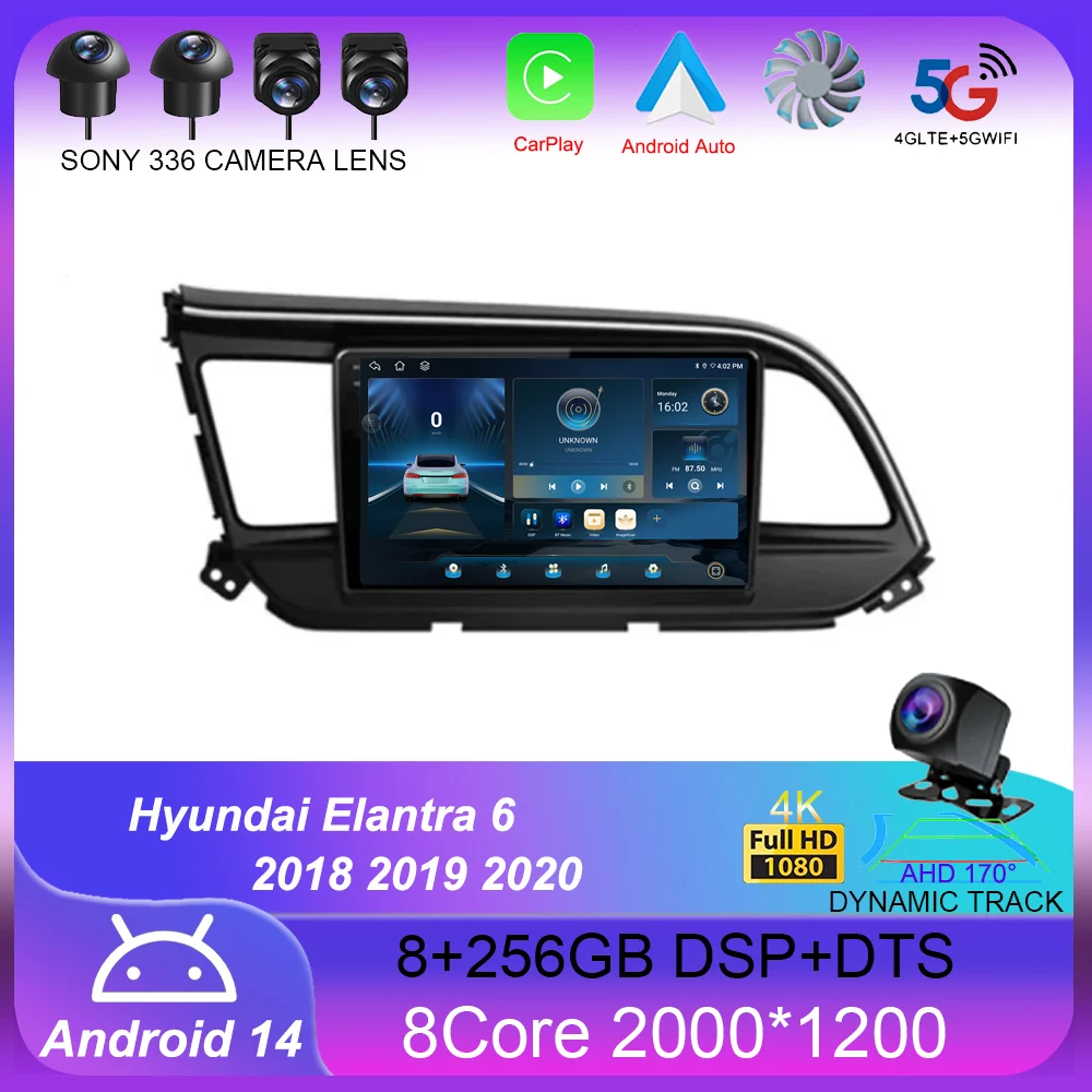 

Android 14 Carplay Car Radio For Hyundai Elantra 6 2018 2019 2020 Navigation GPS Multimedia Player stereo WiF+4G BT 360 Camera