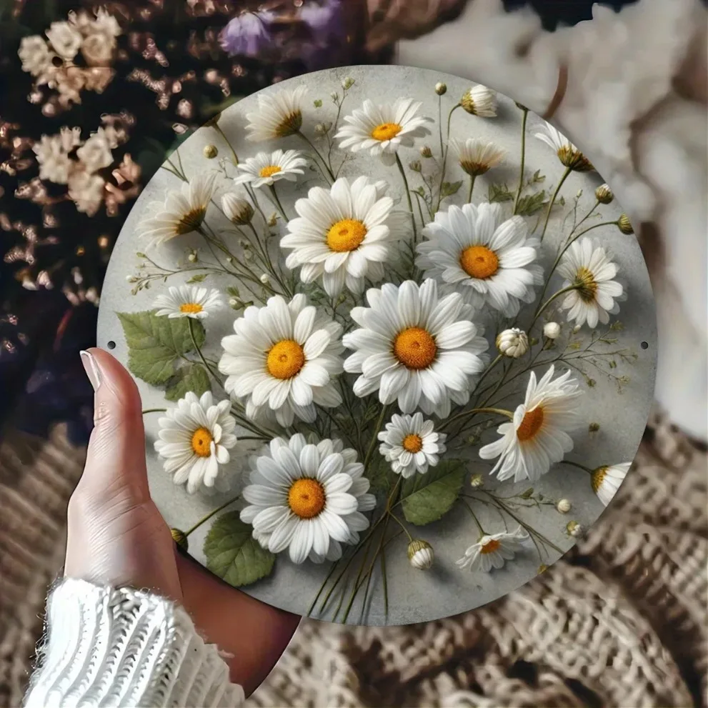 خمر ديزي إكليل علامة ريفي جولة جدار ديكور مع الأقحوان البيضاء أوراق خضراء فن المنزل