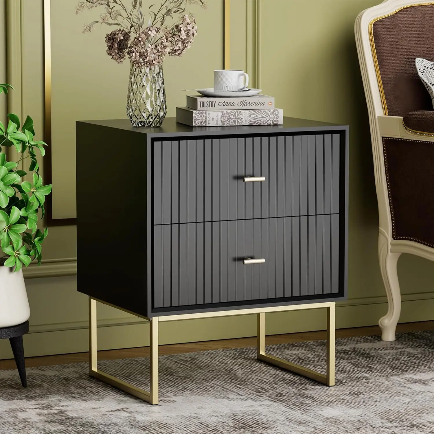 طقم منضدة سوداء مكونة من 2، طاولات بجانب السرير خشبية حديثة مع أدراج ومقابض معدنية #2