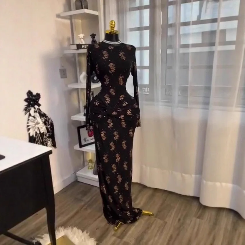

Women Sexy Long Sleeve Printed Elegant Black Maxi Pleated Slimming Dress Night Club Birthday Celebrity Birthday Dress Plus Size