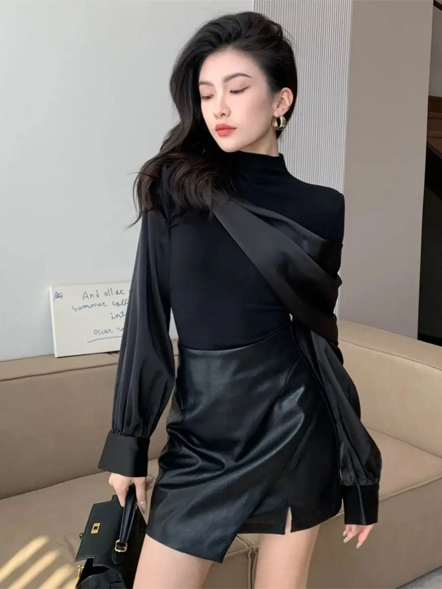 Shirt Tshirt Woman Autumn Luxury Satin Splice Self-cultivation Asymmetry Design Fashion Versatile Shirt Long Sleeves Tops Y2k