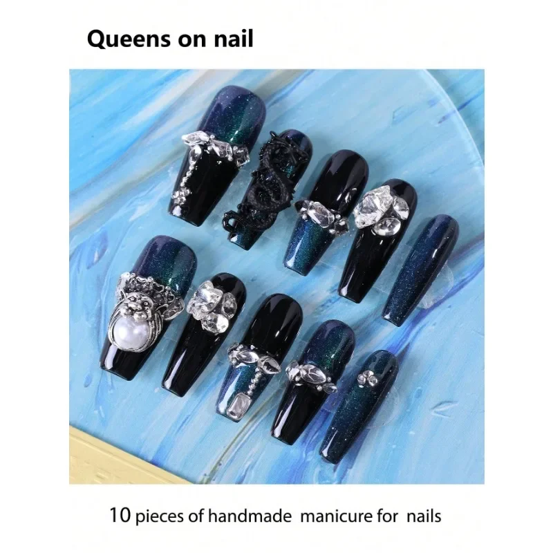 

10 Pieces Handmade press on Nails Long And Wide Ballet Style Fake Nails Hand-Painted Butterflies/Shining Sequins