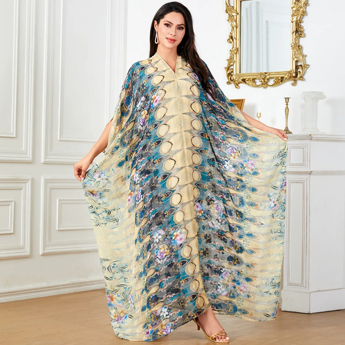 

Fashion Muslim Women Print Maxi Dress Batwing Sleeve Robe Arabic Turkey Kaftan Dubai Abaya Djellaba Eid Ramadan Caftan Morocco