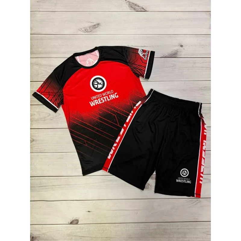 2026 New Men World Wrestling Team Sportswear Set Short Sleeve T Shirt and Shorts for Workout Lightweight Moisture Wicking view 3