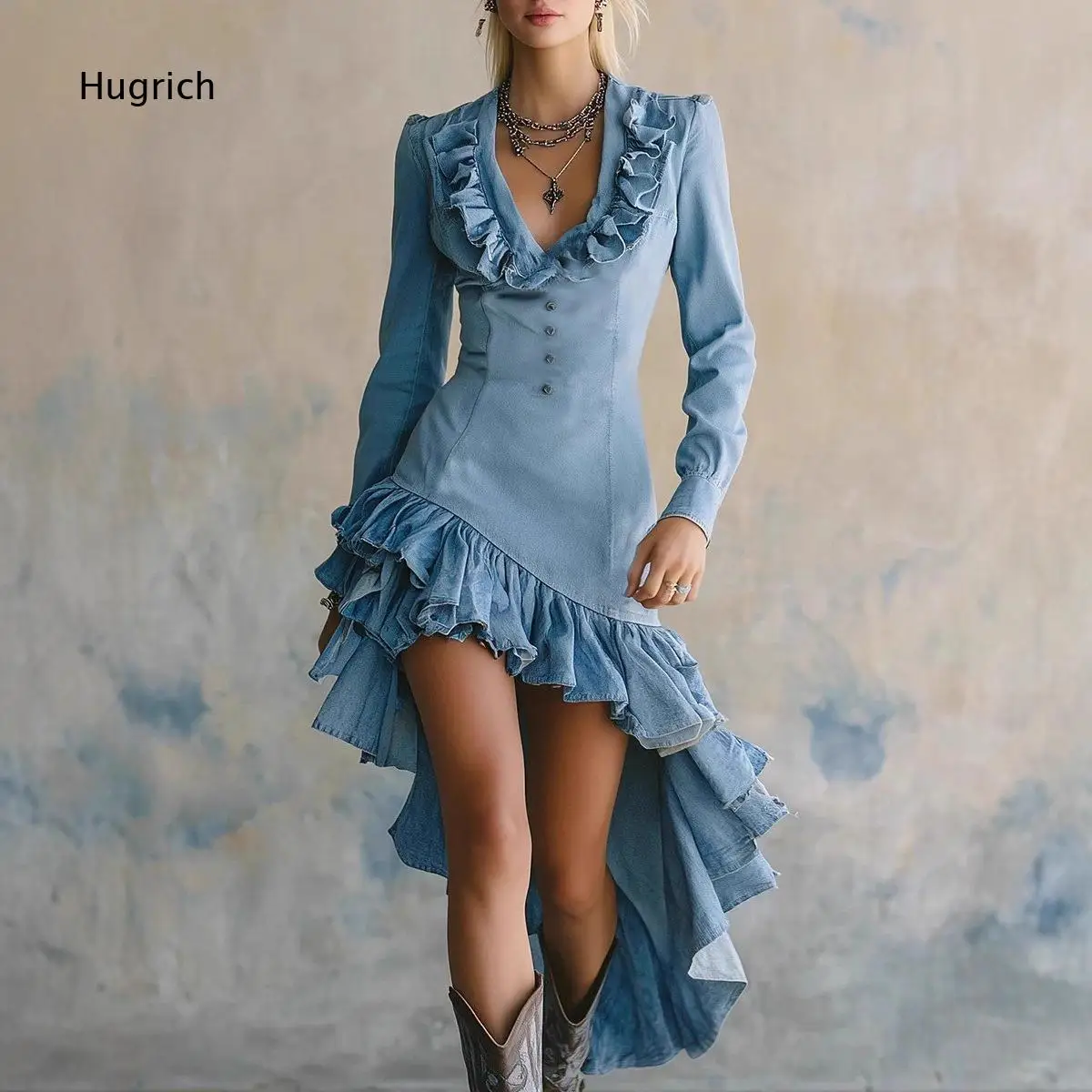 

Ruffled V Neck High Low Hem Mini Dress Long Puff Sleeve Button Detail Irregular Tiered Ruffle Western Style Casual Party Outfit