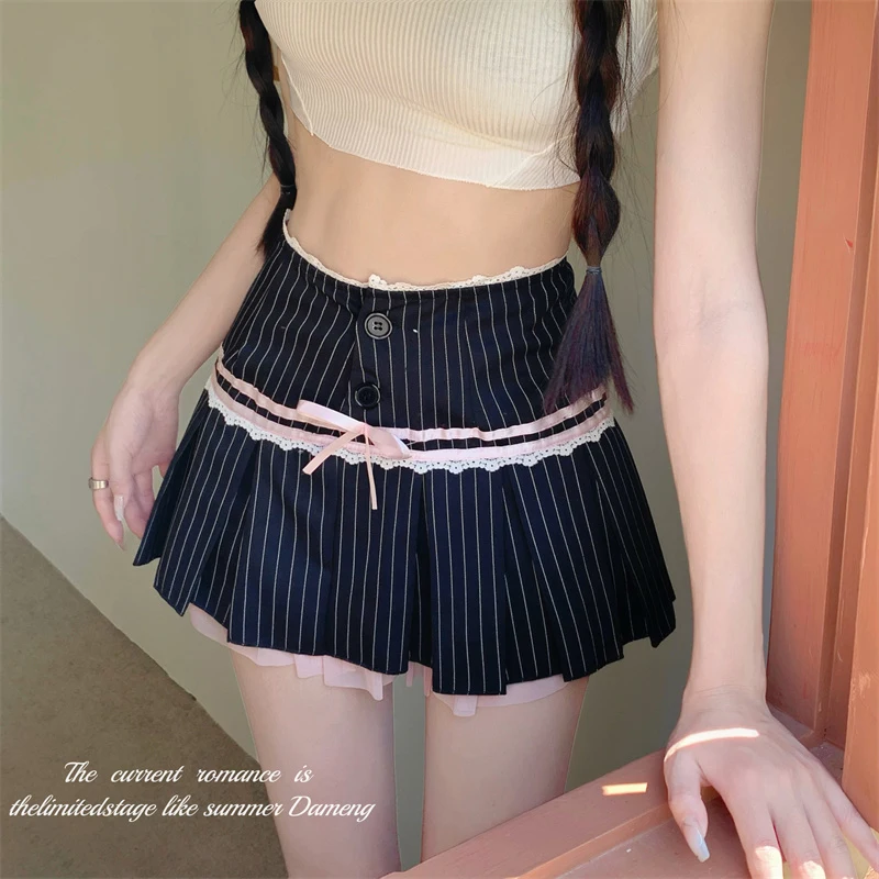 

MEXZT Y2K Striped Mini Skirt Women Harajuku Vintage Bow Lace Patchwork Pleated Skirts Streetwear Korean A Line Suit Skirt New