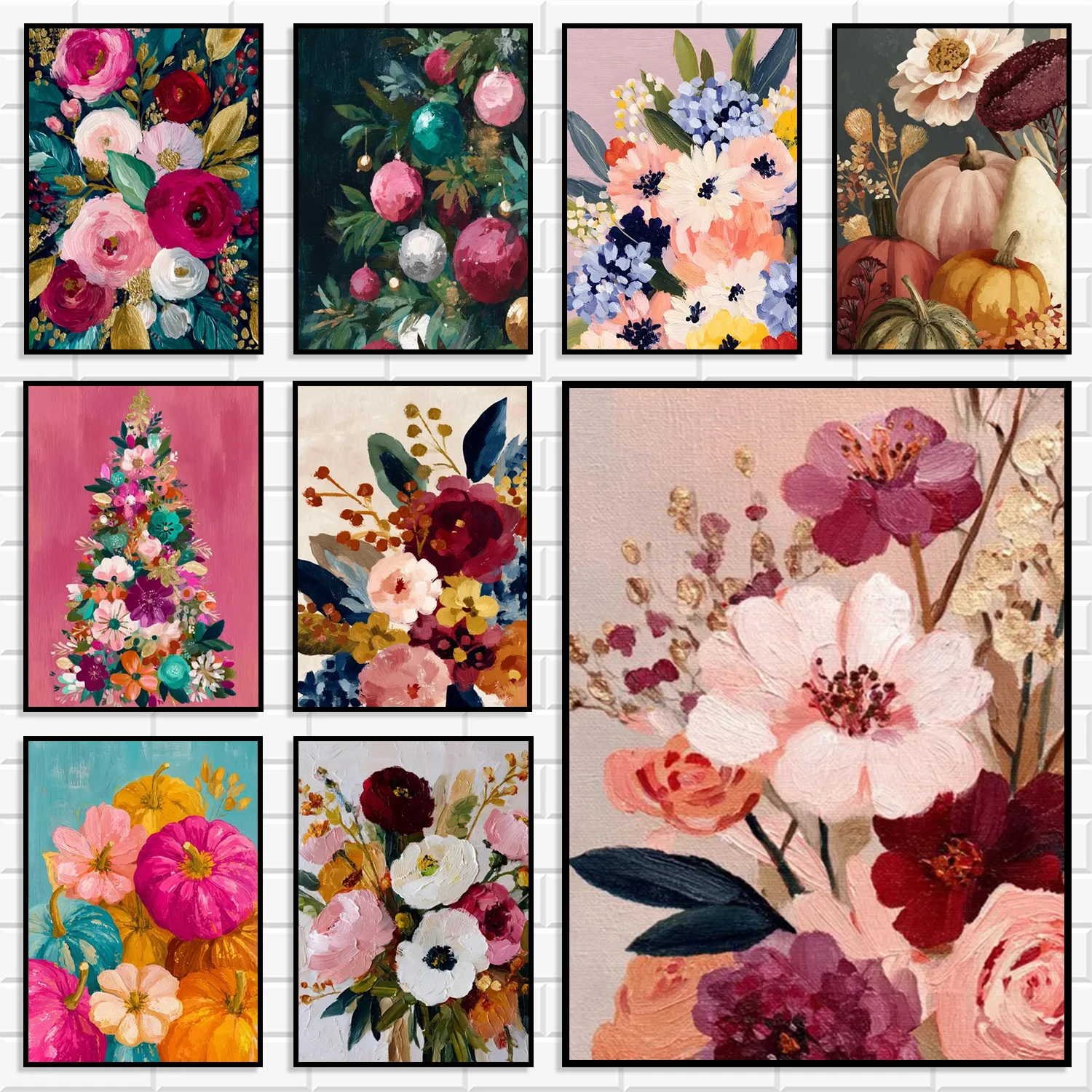 Impasto Textured Floral Canvas Wall Art Holiday Christmas Pumpkin Flower Bouquet Posters Prints Modern Aesthetic Home Decor