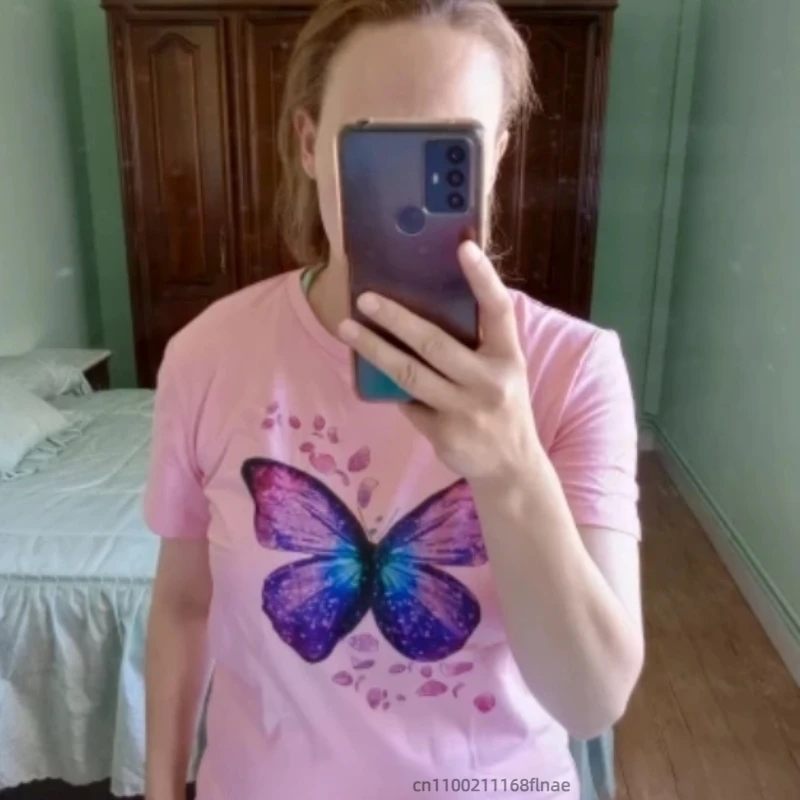 Street Dance-Kleidung für Damen, farbenfrohes T-Shirt mit Schmetterlingsblüten-Aufdruck, kurzärmeliger Rundhalsausschnitt, süßes Muster-Hip-Hop-Oberteil