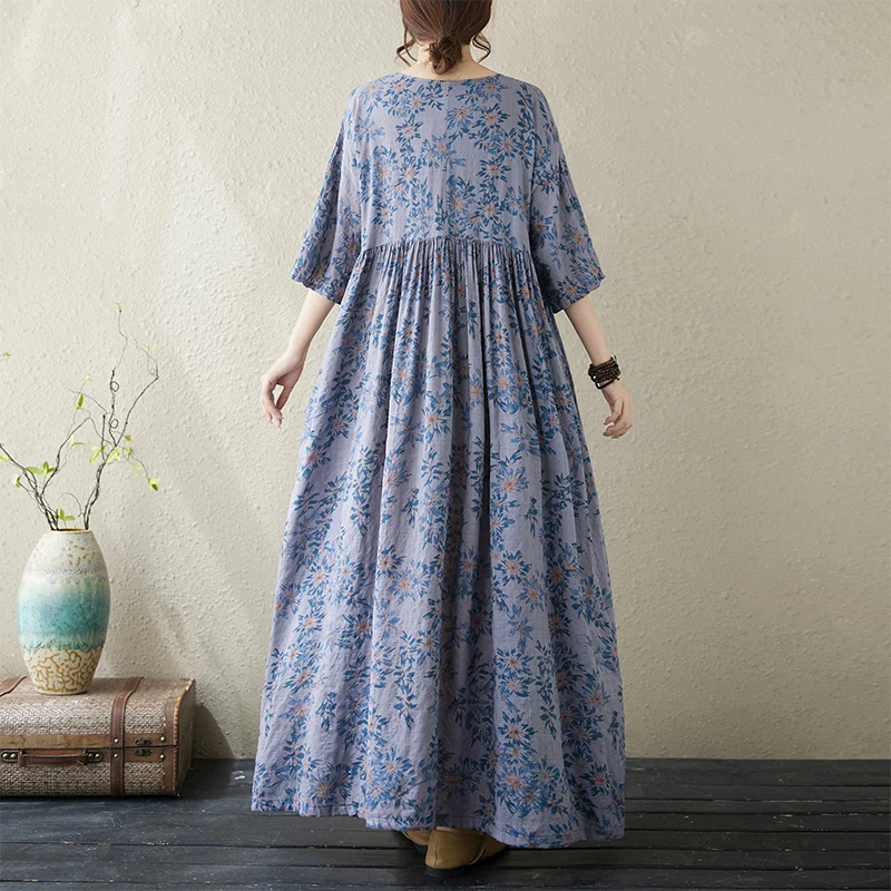 Estate Nuovo Plus Size Donna rotonda Ne ort Sve Stampato Dr Etnico Sle Loose Fit Dimagrante A-Line Midi Dr per la mamma