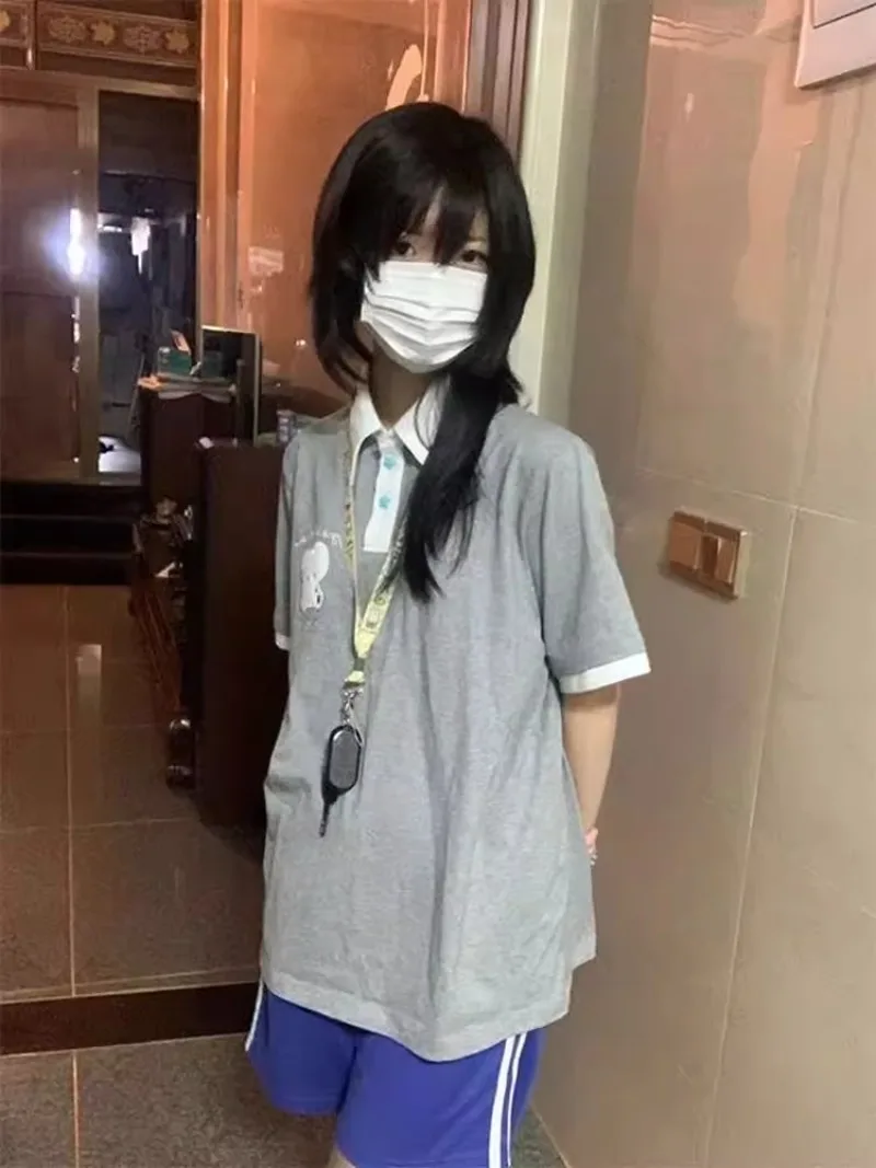 2025 New Japanese Summer Gray Puppy Print Polo Collar Shirt Short Sleeve Cute College Cartoon T-shirt For Women