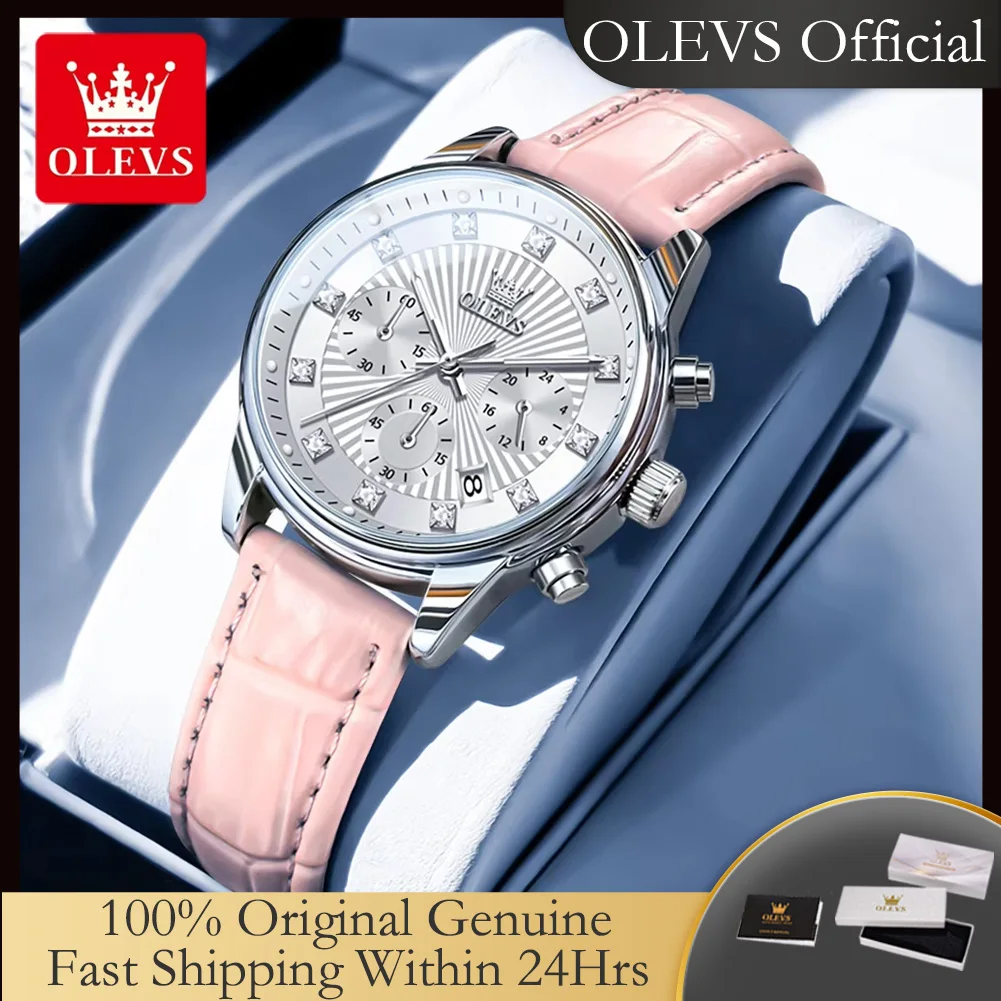 

OLEVS 3669 Leather Strap Original Quartz Watch for Women Diamond Dial Classic Chronograph AutoDate Waterproof Women's Wristwatch