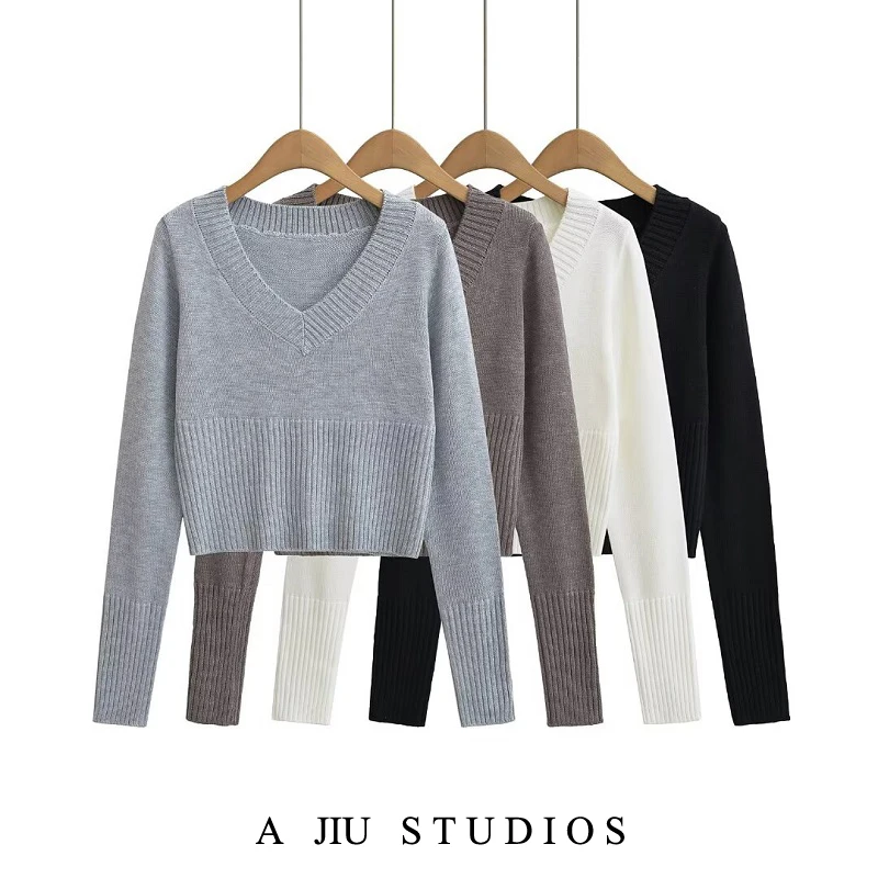 

Simple Sle Women's Knitted Sweater Spring Autumn Versatile Waist-Cinching Slimming V-ne High Waist ort Base irt Top