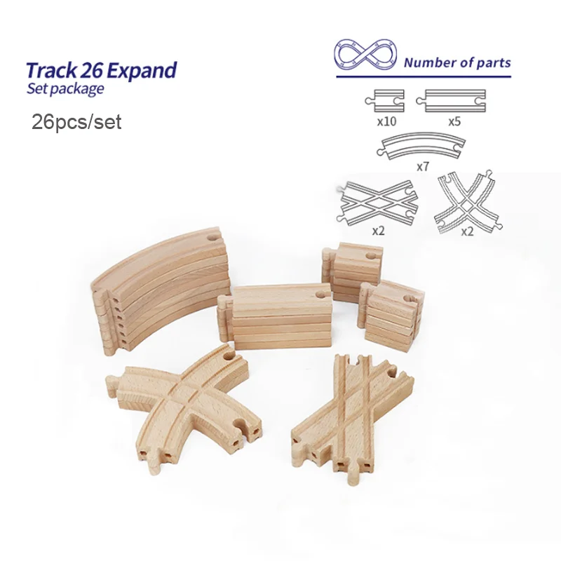 26 pcs / pack Wooden Train Tracks Set Expansion Pack Compatible with Thomas Wooden Train Fit Brio and Major Railroad Toy Brand